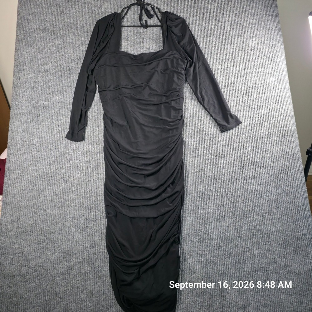 SHEIN Curve Black Ruched Bodycon Midi Dress Square Neck Long Sleeve 3XL